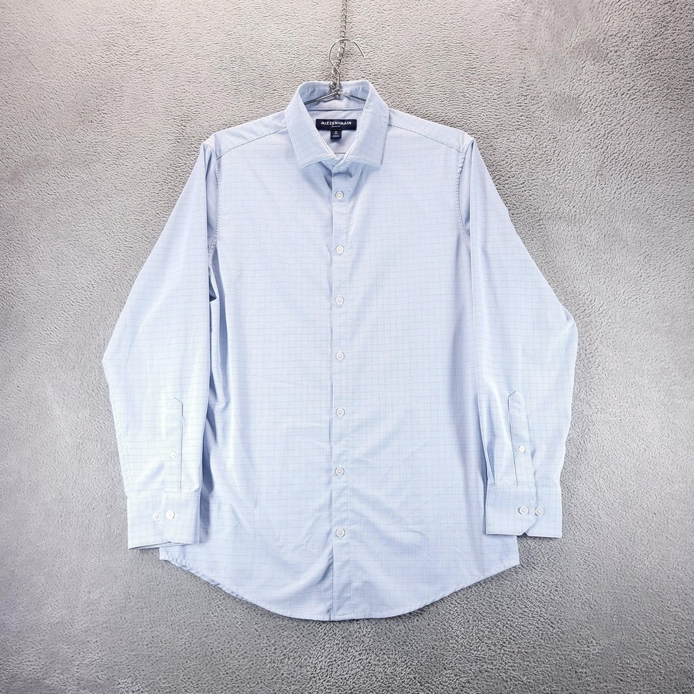 Mizzen Main Dress Shirt Mens M Blue Check Leeward Trim Fit Stretch Non Iron